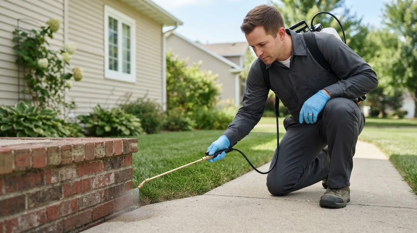 Pest control technician treating a home near North Canton, CT
